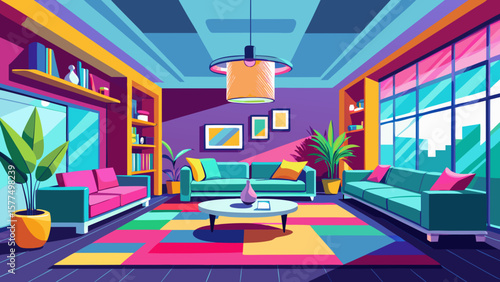 Vibrant modern living room with colorful geometric rug and city view
