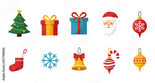 Festive christmas icons featuring santa, gifts, and decorations in flat design