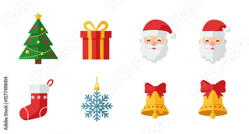Festive christmas icons: santa, tree, gifts, bells, snowflake, stocking