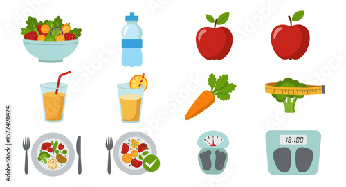 Healthy lifestyle essentials: fruits, vegetables, hydration, and balanced meals