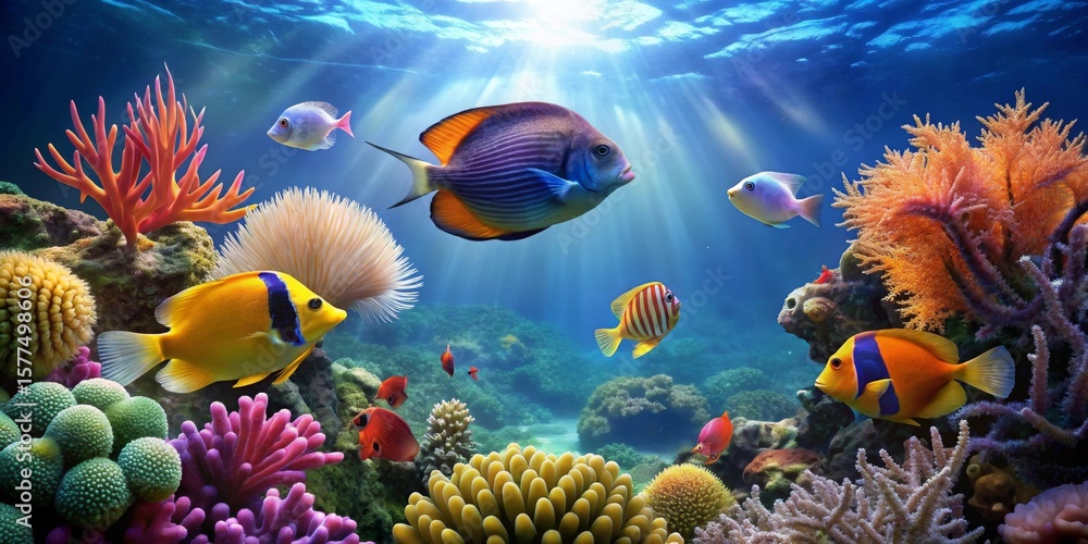 Fototapeta premium Vibrant underwater scene showcasing a diverse array of colorful fish and coral reefs bathed in sunlight