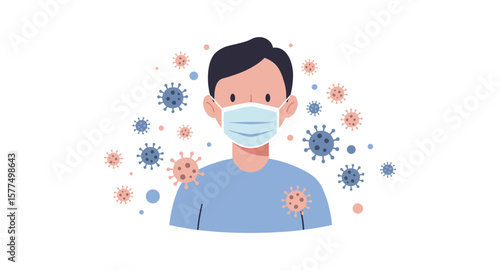 Person wearing mask surrounded by virus particles in flat design