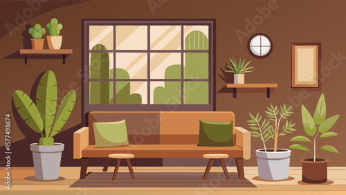 Cozy living room with a sofa plants and a large window
