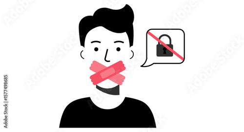 Censored speech illustration with security lock symbol for privacy concept