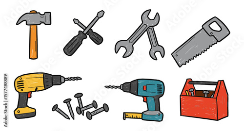 Hand drawn tool kit with screwdrivers, wrenches, and power drill icons