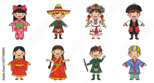 Diverse kids in traditional costumes from around the world