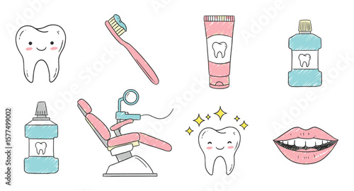 Cute hand drawn dental icons: toothpaste, toothbrush, mouthwash, and more