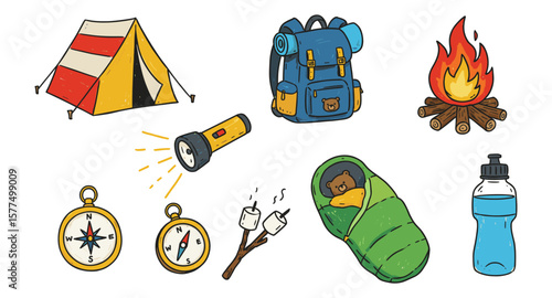 Hand-drawn outdoor camping gear with campfire, tent, and backpack