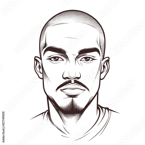  Serious young bald man in monochrome on white background