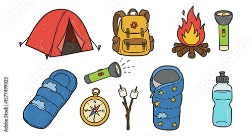 Hand-drawn camping essentials collection: tent, backpack, campfire, flashlight, sleeping bag, and more