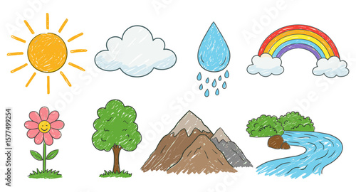 Hand drawn nature elements featuring weather, plants, and landscape