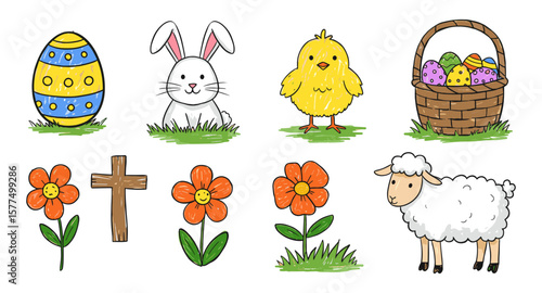 Colorful easter icons: eggs, bunny, chick, lamb, basket, cross, and flowers
