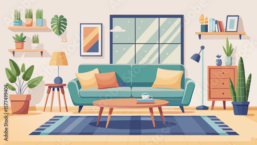 Cozy modern living room interior with sofa plants and coffee table