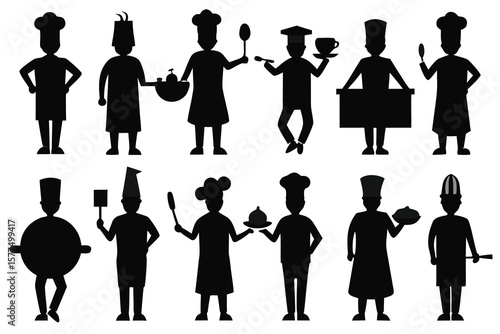Silhouette Collection Diverse Chefs, Cooking Utensils, and Culinary Actions