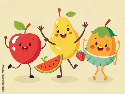 Smiling Cartoon Fruits With Limbs Retro Illustration