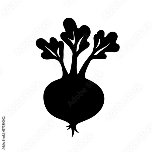 Minimalist black silhouette of kohlrabi with bulbous stem and leafy greens