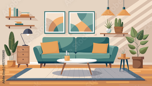 Cozy modern living room interior with teal sofa and houseplants