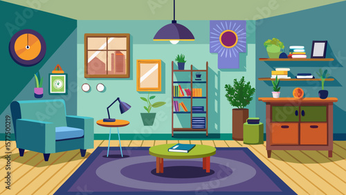 Cozy modern living room interior with armchair bookshelf and plants
