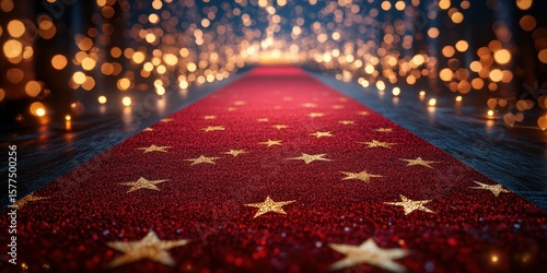 Elegant red carpet adorned with gold stars leading to a softly lit celebration venue at night