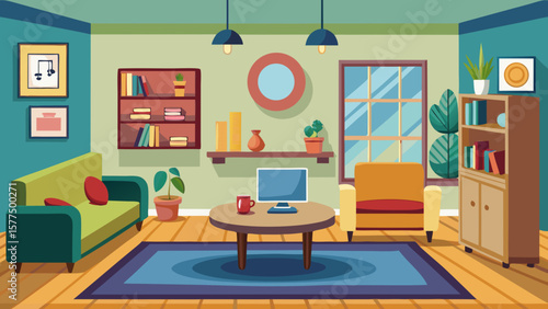 Cozy living room interior with sofa armchair bookshelf and coffee table