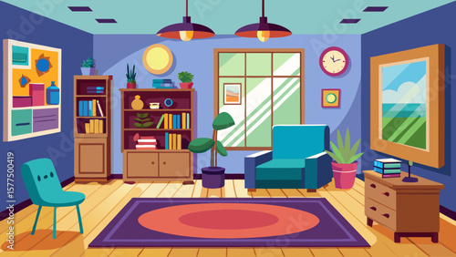 Cozy modern living room with armchair bookshelves and plants on a sunny day