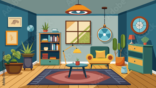 Cozy modern living room interior with armchair bookshelf and plants