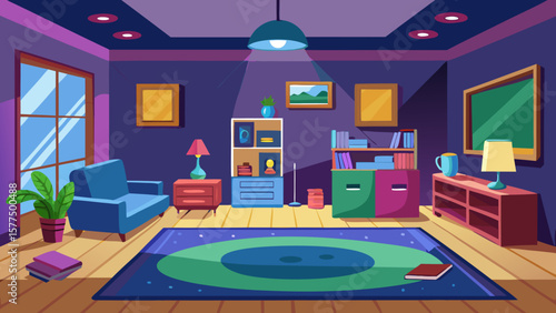 Cozy living room with blue armchair bookshelf and large window