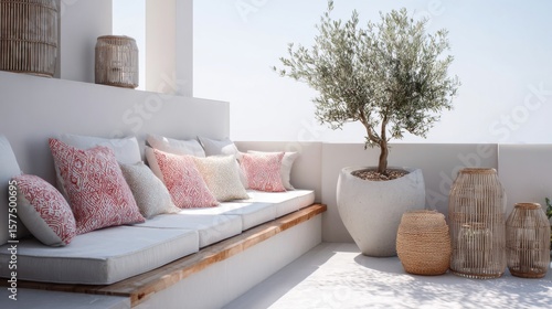 linen minimal terrace, white microcement bench with oak top, coral patterned cushions, large olive tree planter, woven lanterns, sunny daylight
