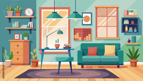 Cozy modern living room interior with desk couch and plants