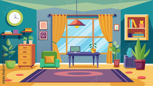 Cozy living room interior with plants armchair desk and window view