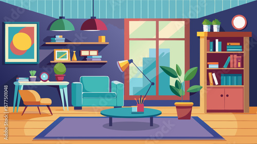 Modern living room interior with furniture and plants in flat design style