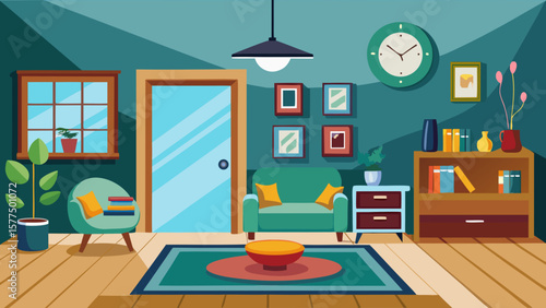 Cozy modern living room interior with sofa armchair and bookshelf