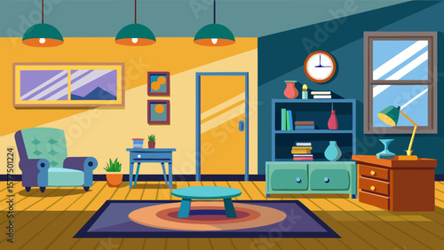 Cozy living room interior with armchair bookshelf desk and coffee table