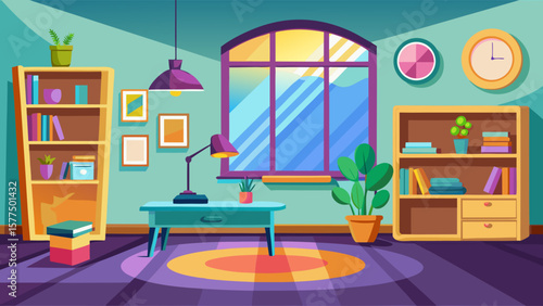 Cozy cartoon living room with bookshelves desk lamp and large window