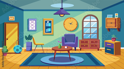 Cozy living room interior with furniture plants and a clock on the wall