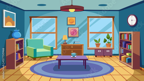 Cozy living room interior with armchair coffee table and bookshelves