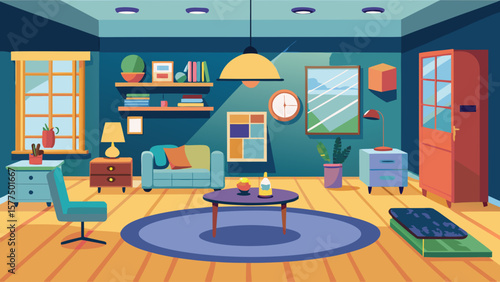 Cozy modern living room interior with sofa armchair coffee table and cabinet