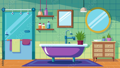 Modern bathroom interior with purple bathtub and green tiled walls