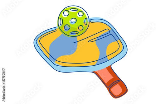 Bright illustration of pickleball racket with ball on it, isolated on white background. Perfect for use in sports design, social media graphics and pickleball related products