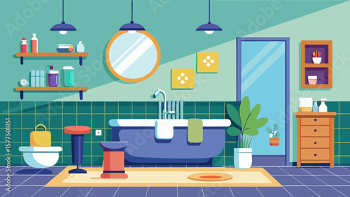 Modern flat illustration of a clean and organized bathroom interior with bathtub