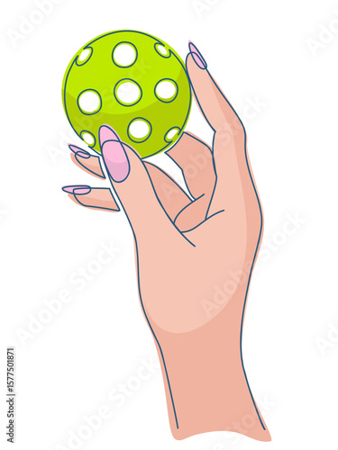 Bright illustration female hand holding colorful pickleball ball isolated on white background. Perfect for use in sports designs, digital content
