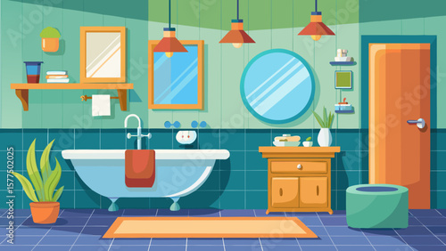 Modern bathroom interior with bathtub vanity mirrors and door