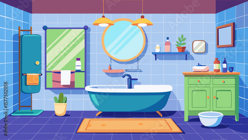 Modern bathroom interior with blue tiled walls and a freestanding bathtub