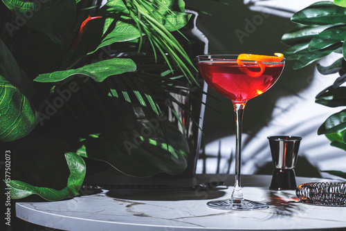 Obraz na plátně Elegant red cocktail with gin and vermouth garnished with orange twist served on