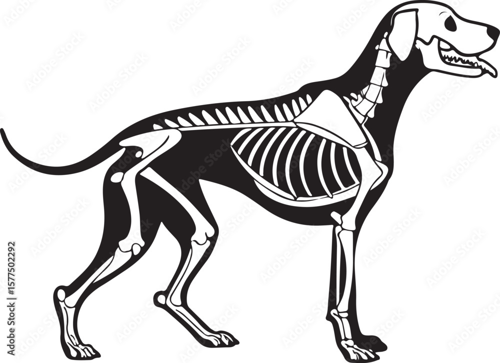 Obraz premium An informative side view illustration of a dog skeleton in vector format designed for academic, medical, and scientific use.