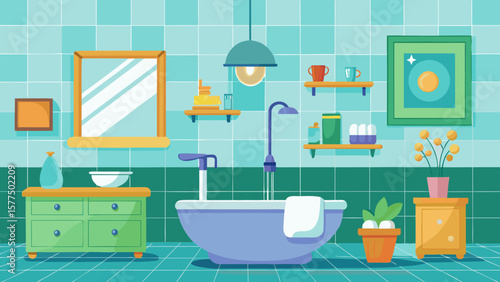 Modern bathroom interior with bathtub vanity mirror and shelves