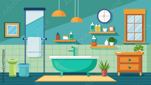 Modern bathroom interior with teal bathtub and wooden vanity cabinet