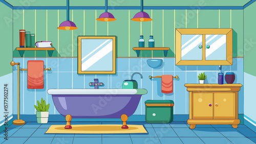 Cozy and colorful cartoon bathroom interior with bathtub sink and vanity
