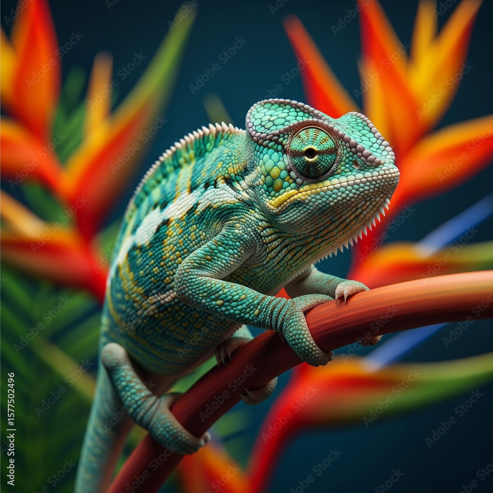 Obraz premium Close-up of a chameleon on a branch changing color to blend with vibrant background, concept of adaptability, macro detail.