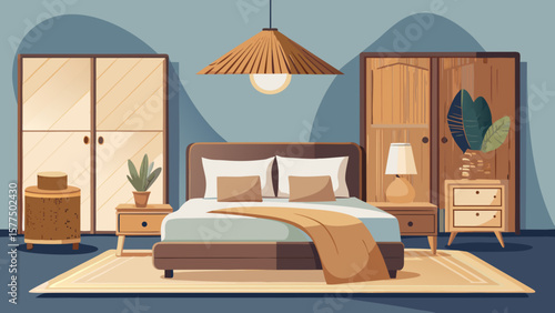 Cozy bedroom interior with a bed bedside tables and wardrobes in a flat design style